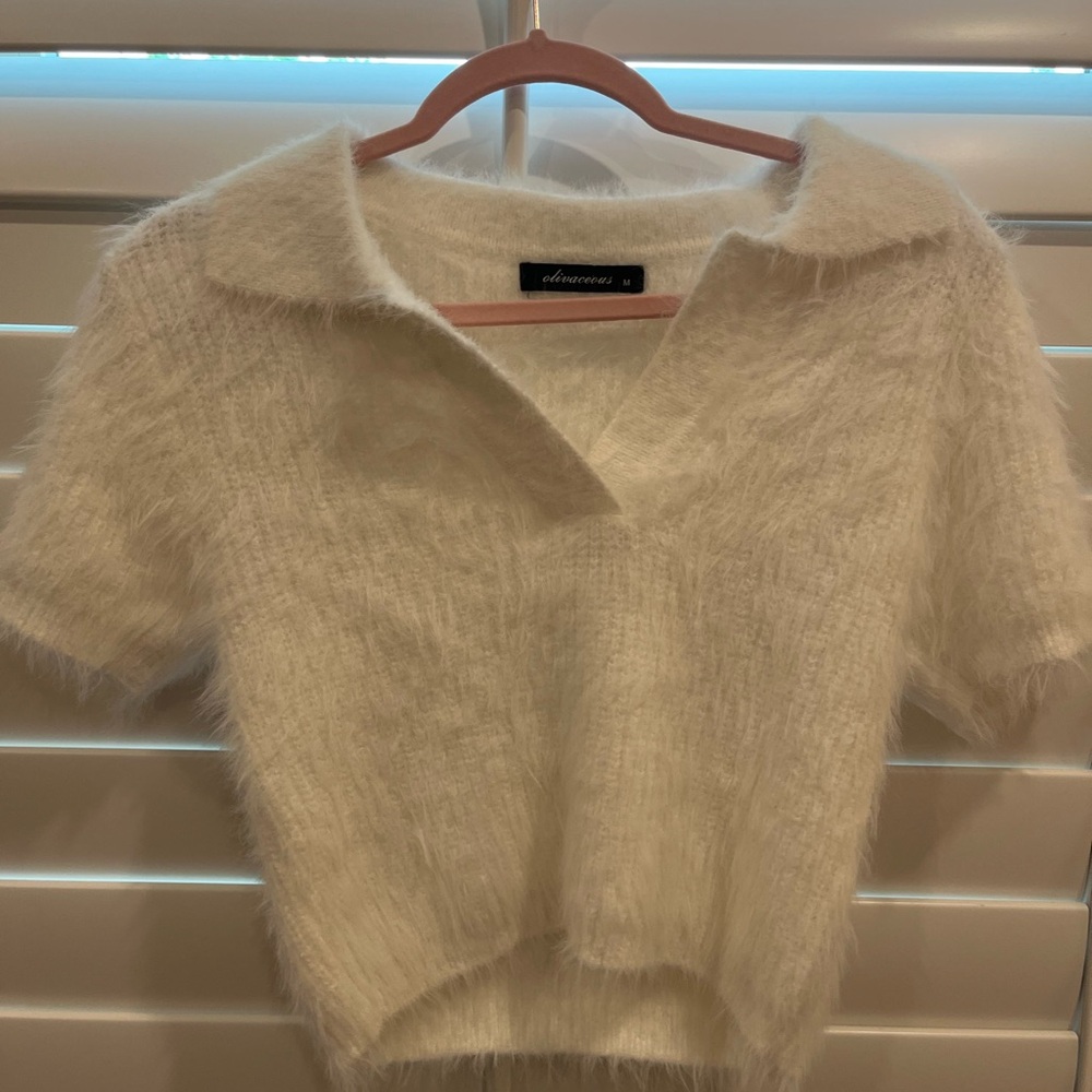 White Fuzzy Short Sleeve Top